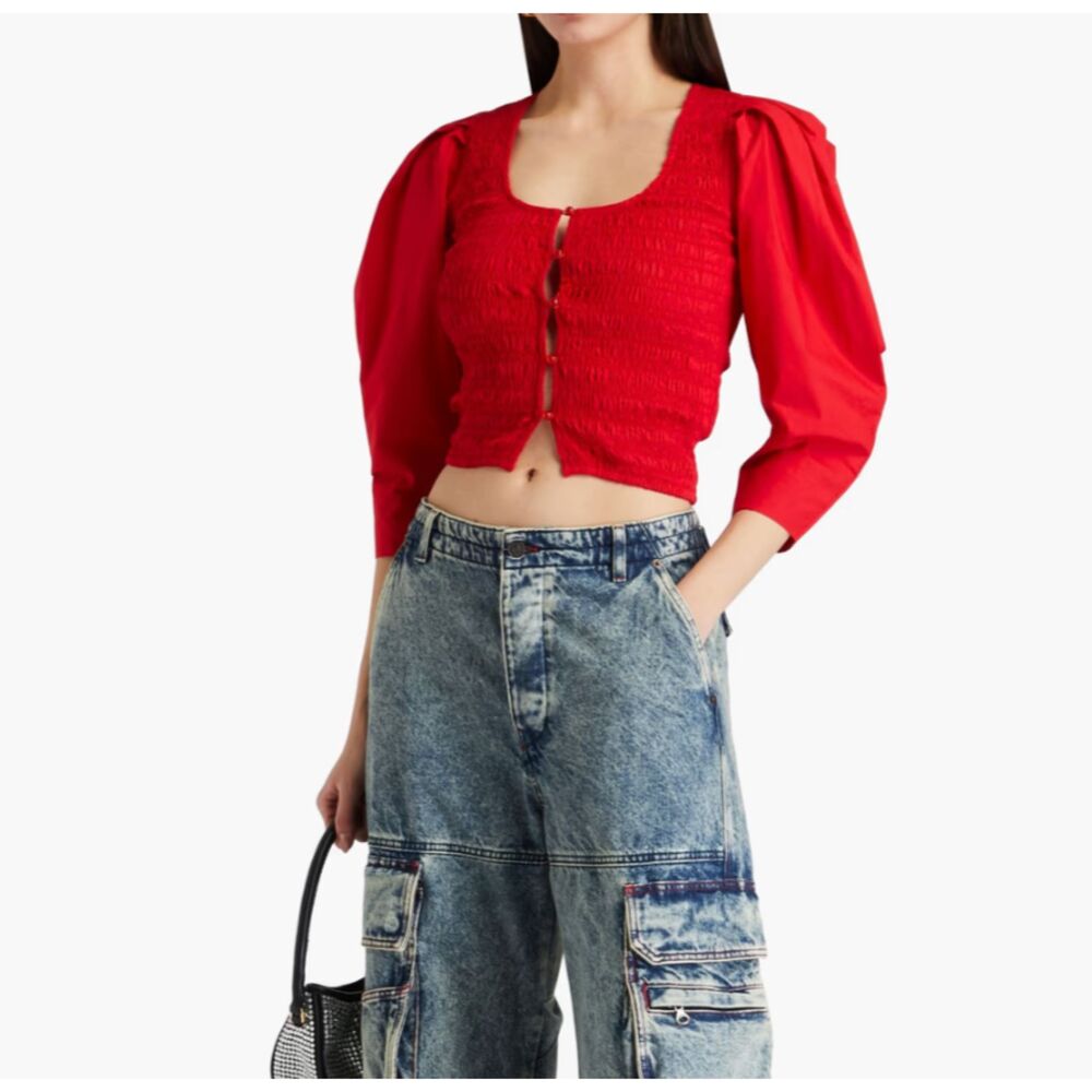 GANNI Puff Sleeve Smocked Blouse Racing Red 34 (US 2) NEW NWT